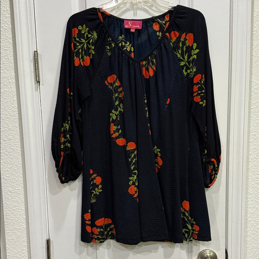 LISETTE Navy Top with Orange and Green Floral Design